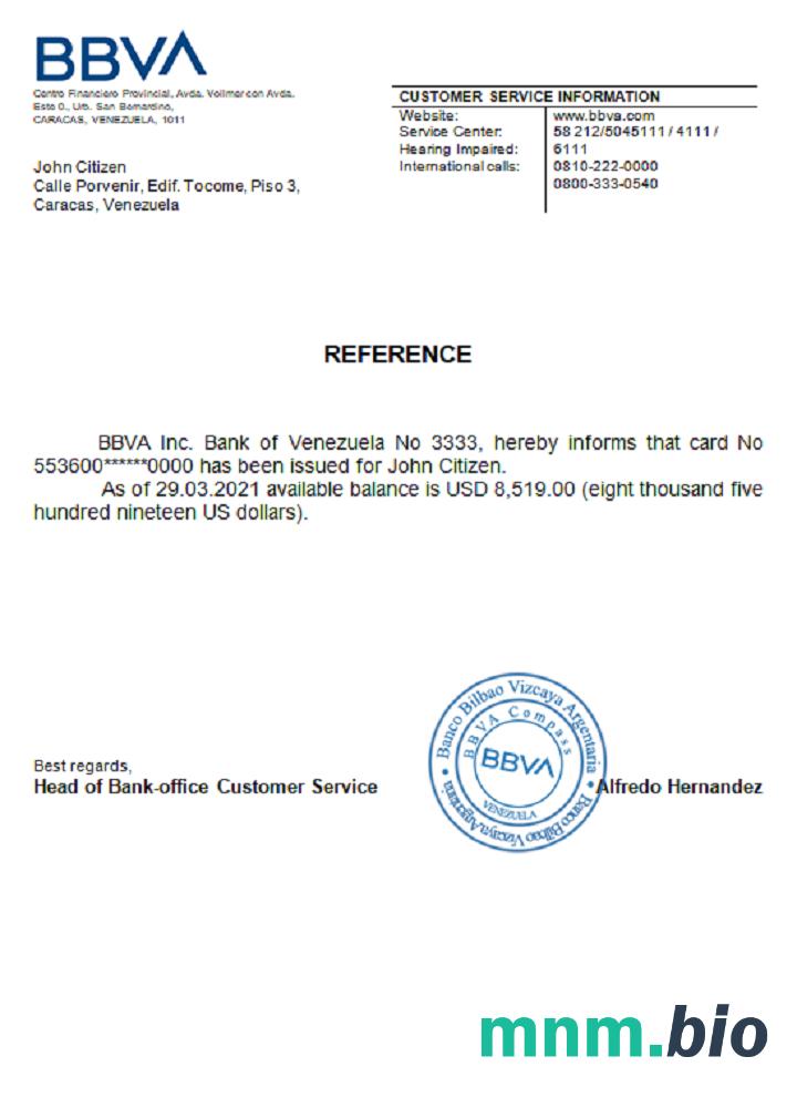 Przykład odniesienia banku Wenezueli BBVA w formatach Word i PDF